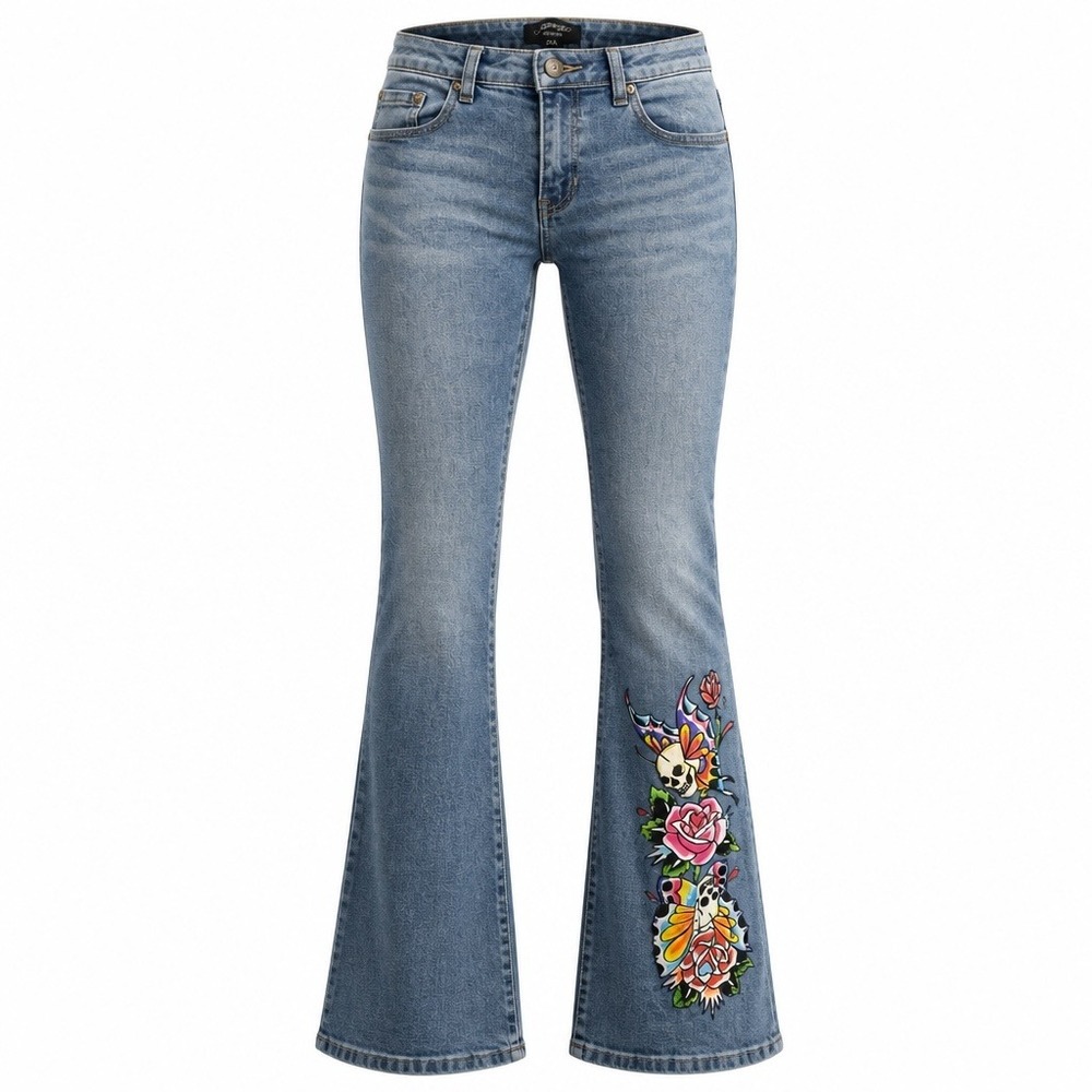 Ed Hardy Flare Jeans 24 Blue Tattoo Graphic Pink Logo Y2K Streetwear 90s Skull